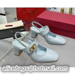 Charming Valentino VLogo Locker Mary-Janes Slingback Pumps 6cm in Calfskin Leather Light Blue 1009029