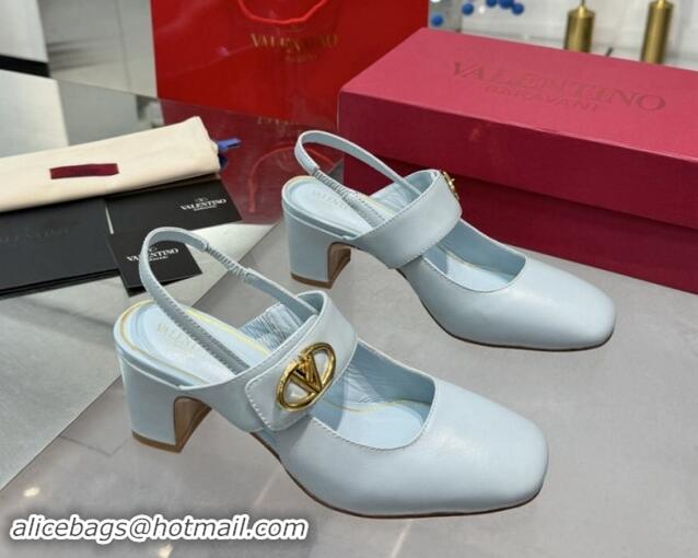 Charming Valentino VLogo Locker Mary-Janes Slingback Pumps 6cm in Calfskin Leather Light Blue 1009029