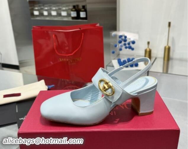 Charming Valentino VLogo Locker Mary-Janes Slingback Pumps 6cm in Calfskin Leather Light Blue 1009029