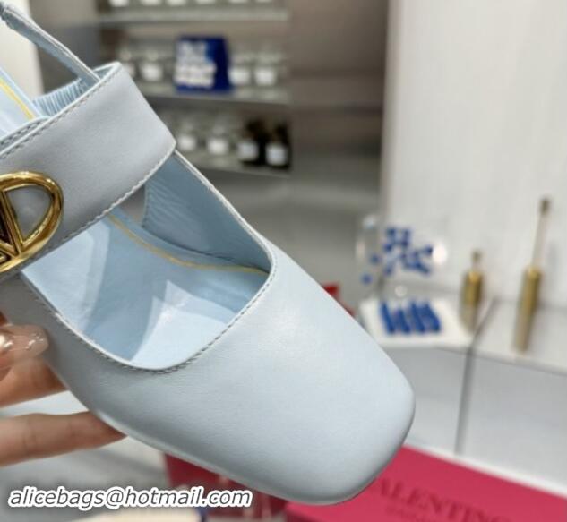 Charming Valentino VLogo Locker Mary-Janes Slingback Pumps 6cm in Calfskin Leather Light Blue 1009029