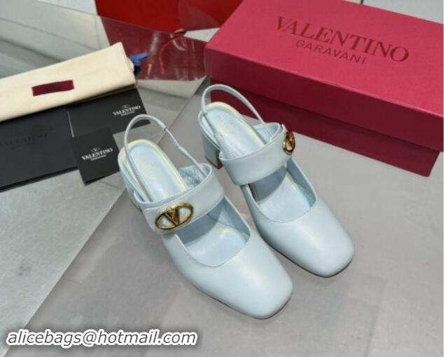 Charming Valentino VLogo Locker Mary-Janes Slingback Pumps 6cm in Calfskin Leather Light Blue 1009029