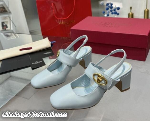 Charming Valentino VLogo Locker Mary-Janes Slingback Pumps 6cm in Calfskin Leather Light Blue 1009029