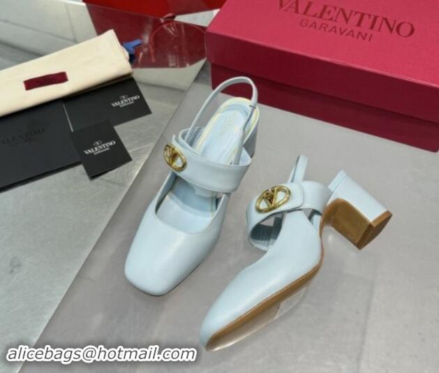 Charming Valentino VLogo Locker Mary-Janes Slingback Pumps 6cm in Calfskin Leather Light Blue 1009029