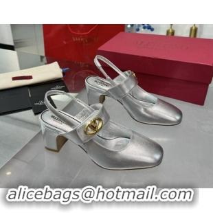 Cheap Price Valentino VLogo Locker Mary-Janes Slingback Pumps 6cm in Calfskin Leather Silver 1009030