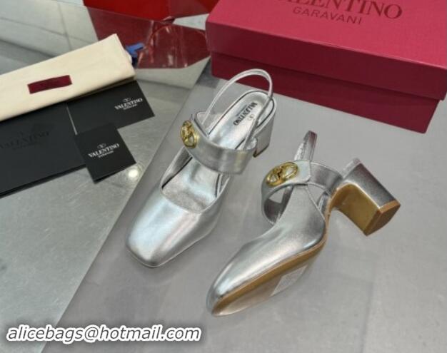 Cheap Price Valentino VLogo Locker Mary-Janes Slingback Pumps 6cm in Calfskin Leather Silver 1009030