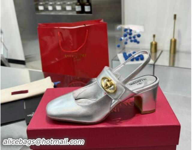 Cheap Price Valentino VLogo Locker Mary-Janes Slingback Pumps 6cm in Calfskin Leather Silver 1009030