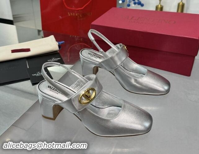 Cheap Price Valentino VLogo Locker Mary-Janes Slingback Pumps 6cm in Calfskin Leather Silver 1009030