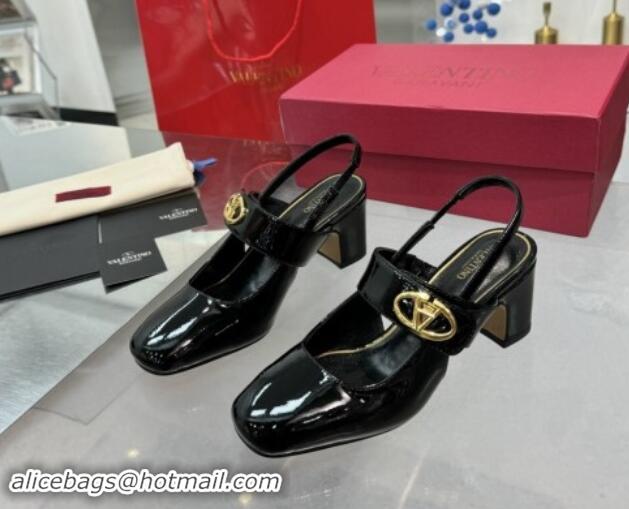 Unique Style Valentino VLogo Locker Mary-Janes Slingback Pumps 6cm in Patent Leather Black 1009031