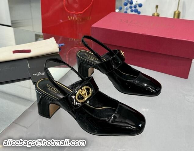 Unique Style Valentino VLogo Locker Mary-Janes Slingback Pumps 6cm in Patent Leather Black 1009031