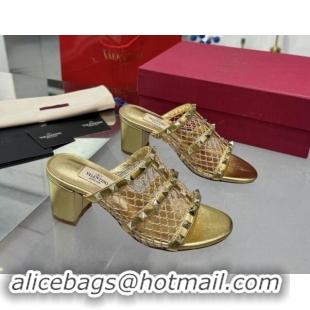 Big Discount Valentino Rockstud Heel Slides Sandal 6.5cm in Mesh and Calfskin Gold 1009039