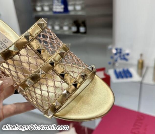 Big Discount Valentino Rockstud Heel Slides Sandal 6.5cm in Mesh and Calfskin Gold 1009039