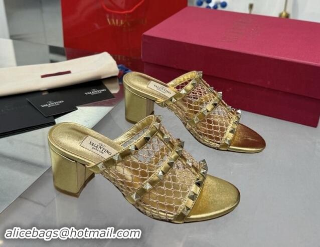 Big Discount Valentino Rockstud Heel Slides Sandal 6.5cm in Mesh and Calfskin Gold 1009039