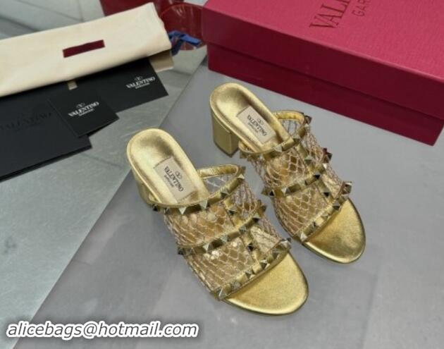 Big Discount Valentino Rockstud Heel Slides Sandal 6.5cm in Mesh and Calfskin Gold 1009039