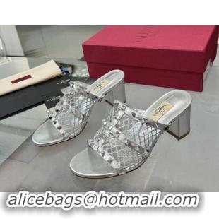 Low Cost Valentino Rockstud Heel Slides Sandal 6.5cm in Mesh and Calfskin Silver 1009040