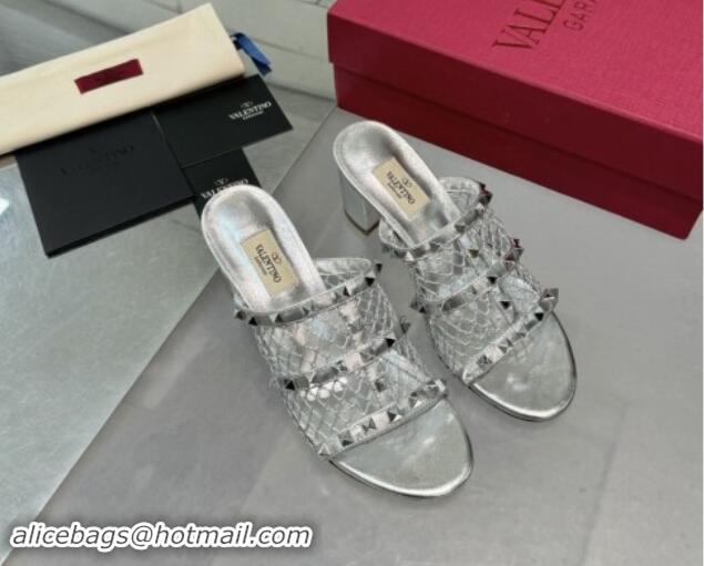 Low Cost Valentino Rockstud Heel Slides Sandal 6.5cm in Mesh and Calfskin Silver 1009040