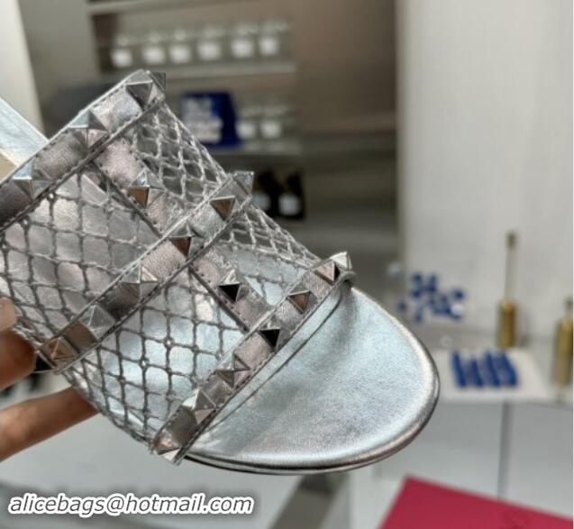 Low Cost Valentino Rockstud Heel Slides Sandal 6.5cm in Mesh and Calfskin Silver 1009040