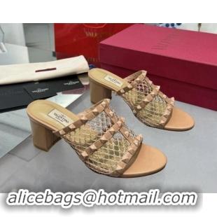 Shop Cheap Valentino Rockstud Heel Slides Sandal 6.5cm in Mesh and Nappa Leather Beige 1009041