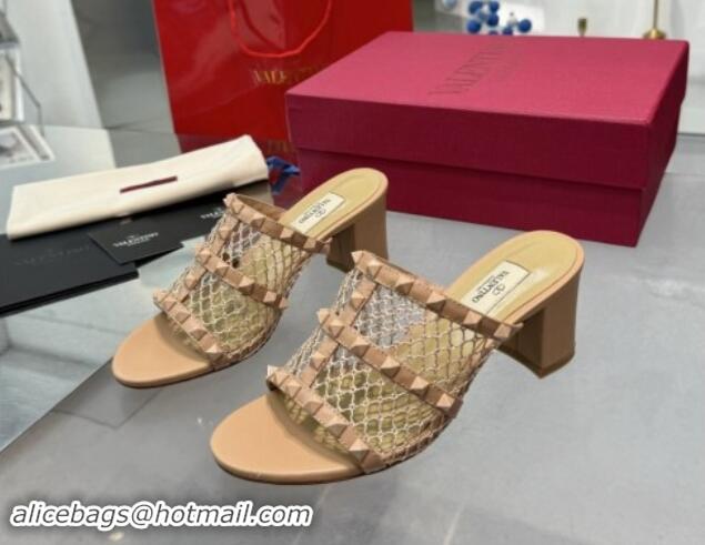 Shop Cheap Valentino Rockstud Heel Slides Sandal 6.5cm in Mesh and Nappa Leather Beige 1009041