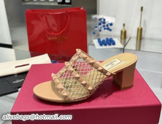 Shop Cheap Valentino Rockstud Heel Slides Sandal 6.5cm in Mesh and Nappa Leather Beige 1009041