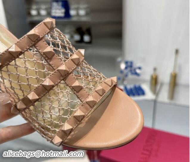 Shop Cheap Valentino Rockstud Heel Slides Sandal 6.5cm in Mesh and Nappa Leather Beige 1009041