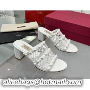 Luxurious Valentino Rockstud Heel Slides Sandal 6.5cm in Mesh and Nappa Leather White 1009042