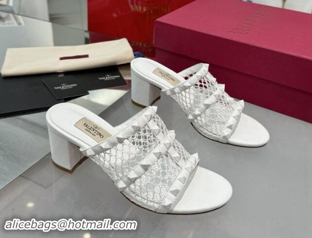 Luxurious Valentino Rockstud Heel Slides Sandal 6.5cm in Mesh and Nappa Leather White 1009042