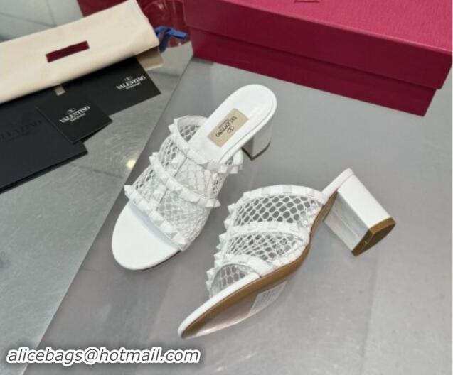 Luxurious Valentino Rockstud Heel Slides Sandal 6.5cm in Mesh and Nappa Leather White 1009042