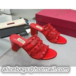 Discount Valentino Rockstud Heel Slides Sandal 6.5cm in Mesh and Nappa Leather Red 1009043