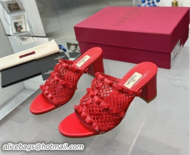 Discount Valentino Rockstud Heel Slides Sandal 6.5cm in Mesh and Nappa Leather Red 1009043