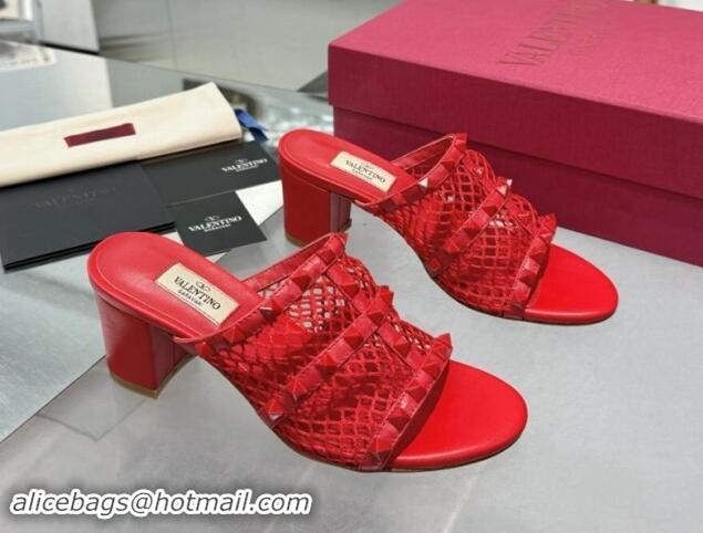 Discount Valentino Rockstud Heel Slides Sandal 6.5cm in Mesh and Nappa Leather Red 1009043