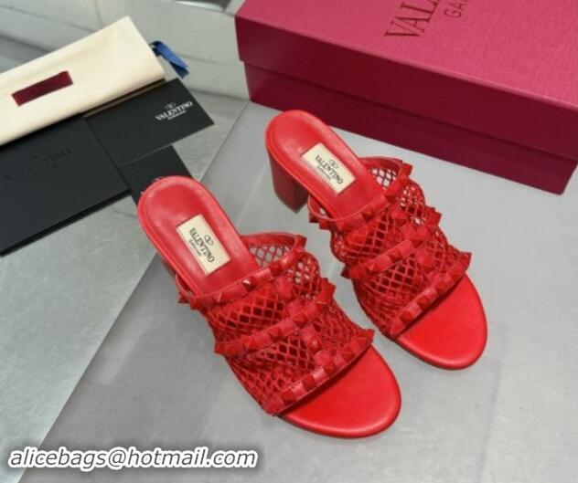 Discount Valentino Rockstud Heel Slides Sandal 6.5cm in Mesh and Nappa Leather Red 1009043