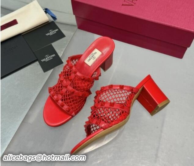 Discount Valentino Rockstud Heel Slides Sandal 6.5cm in Mesh and Nappa Leather Red 1009043