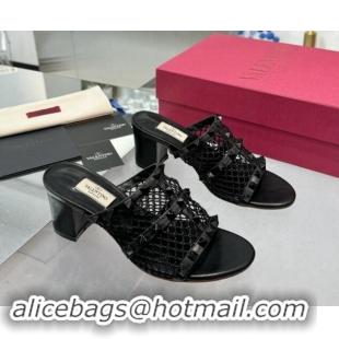 Best Price Valentino Rockstud Heel Slides Sandal 6.5cm in Mesh and Nappa Leather Black 1009044