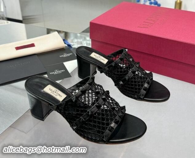 Best Price Valentino Rockstud Heel Slides Sandal 6.5cm in Mesh and Nappa Leather Black 1009044