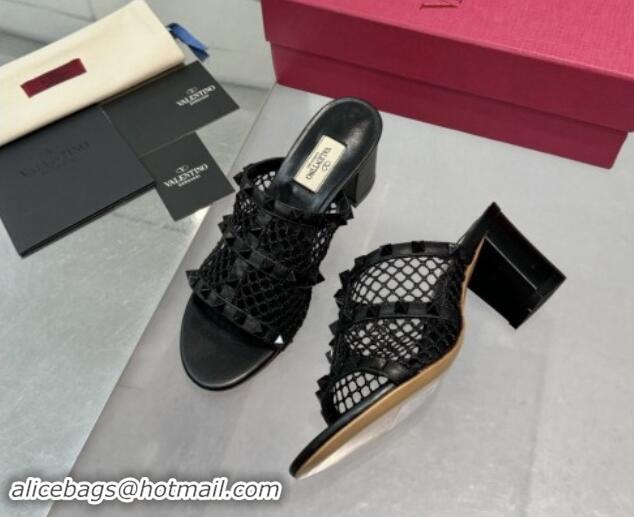 Best Price Valentino Rockstud Heel Slides Sandal 6.5cm in Mesh and Nappa Leather Black 1009044