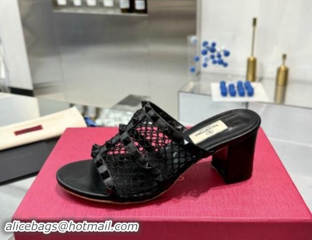 Best Price Valentino Rockstud Heel Slides Sandal 6.5cm in Mesh and Nappa Leather Black 1009044