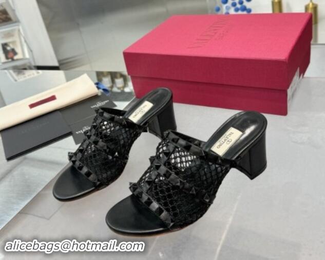 Best Price Valentino Rockstud Heel Slides Sandal 6.5cm in Mesh and Nappa Leather Black 1009044