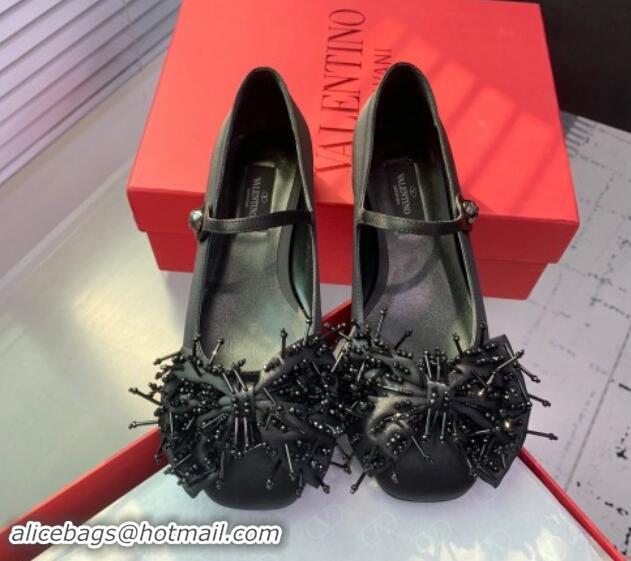 Generous Valentino Bowjane Mary-Janes Ballerinas Flat in Black Satin with Bow and Fringe 1009045