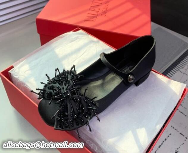 Generous Valentino Bowjane Mary-Janes Ballerinas Flat in Black Satin with Bow and Fringe 1009045