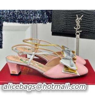 Luxury Discount Valentino Bowow Slingback Pumps 4cm in Moiré Fabric Pink 116023