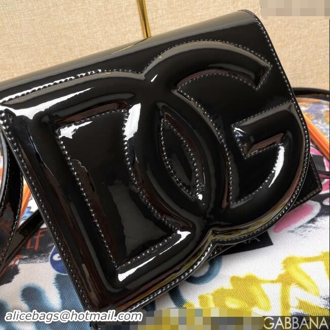 Famous Brand Dolce&Gabbana DG Patent Leather Crossbody Bag with Logo D6611 Black