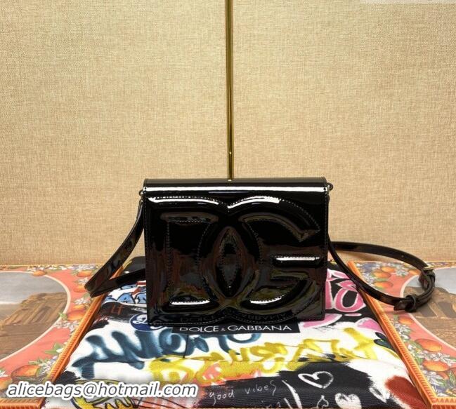 Famous Brand Dolce&Gabbana DG Patent Leather Crossbody Bag with Logo D6611 Black