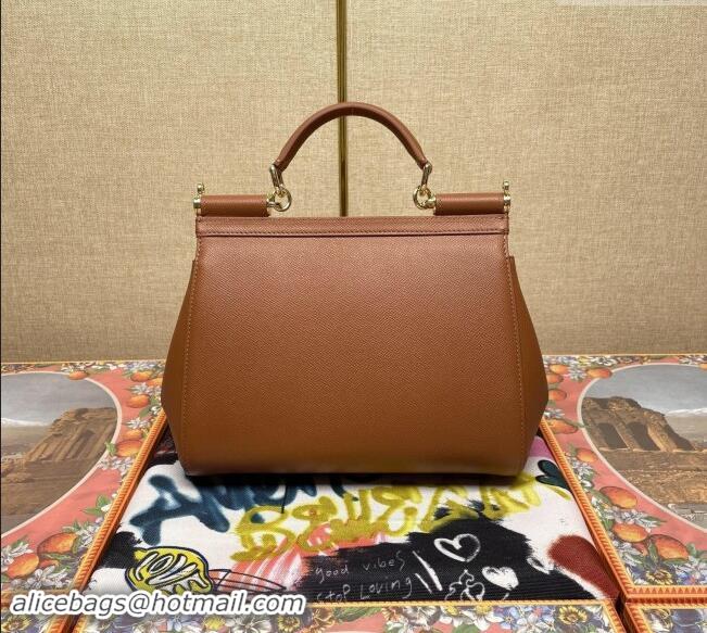 Good Quality Dolce&Gabbana Classic Medium Sicily Palm-Grained Leather Top Handle Bag 6113 Brown 2023