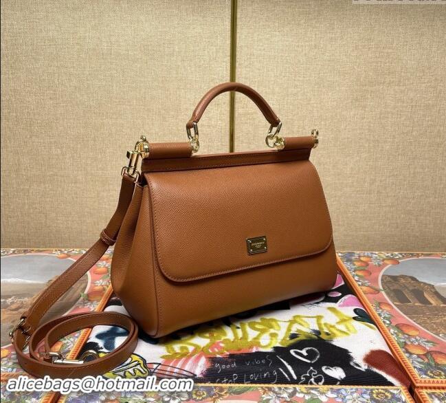 Good Quality Dolce&Gabbana Classic Medium Sicily Palm-Grained Leather Top Handle Bag 6113 Brown 2023