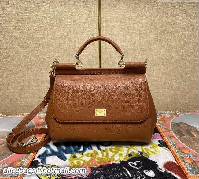 Good Quality Dolce&Gabbana Classic Medium Sicily Palm-Grained Leather Top Handle Bag 6113 Brown 2023