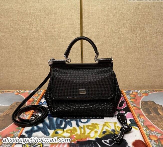 Buy Discount Dolce&Gabbana KIM Small Sicily Handbag with All-over Crystals BB6112 Black 2023