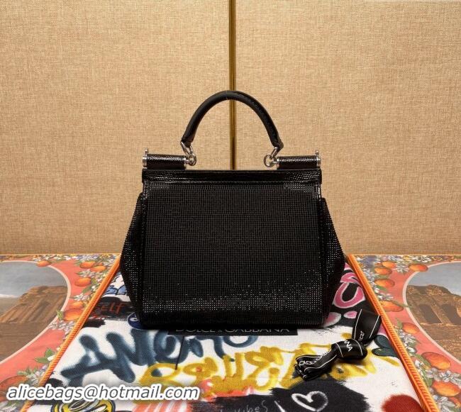 Buy Discount Dolce&Gabbana KIM Small Sicily Handbag with All-over Crystals BB6112 Black 2023