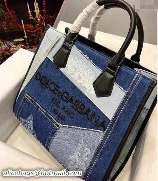 Grade Quality Dolce&Gabbana patchwork denim shopper tote bag with embroidered logo D9007 Blue 2023