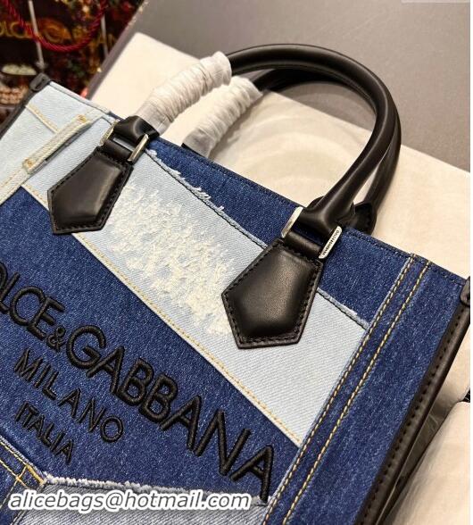 Grade Quality Dolce&Gabbana patchwork denim shopper tote bag with embroidered logo D9007 Blue 2023