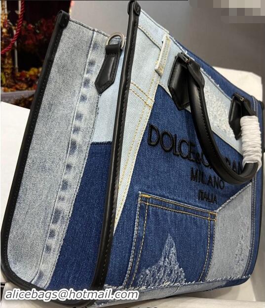 Grade Quality Dolce&Gabbana patchwork denim shopper tote bag with embroidered logo D9007 Blue 2023